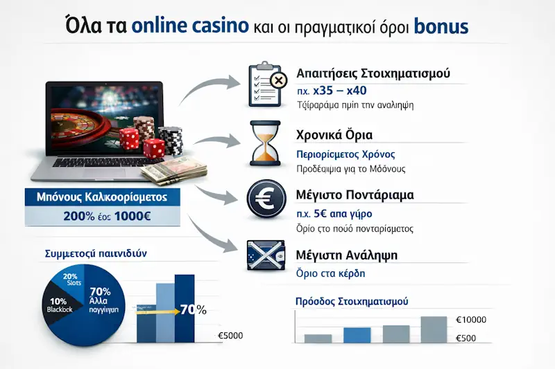 Όλα τα online casino και οι πραγματικοί όροι bonus με wagering, exclusions και λήξη